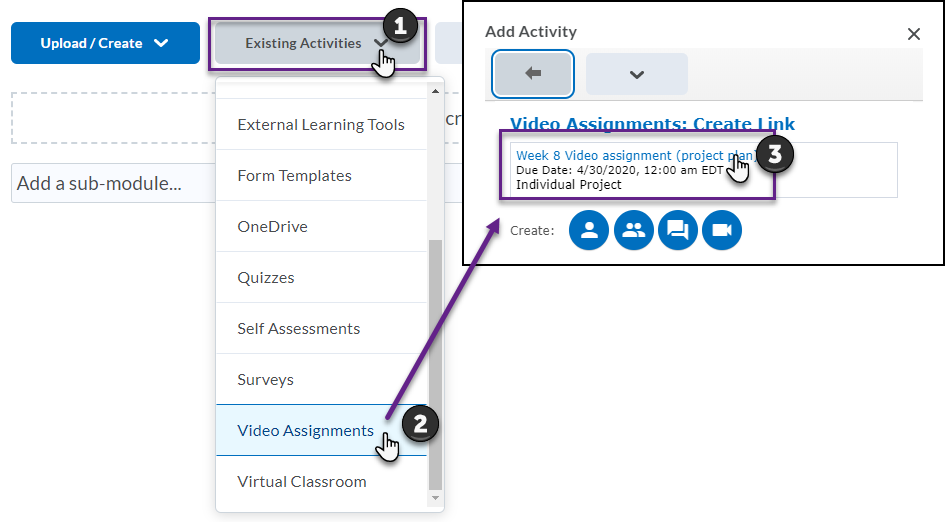 Adding an existing video assignment to a content area